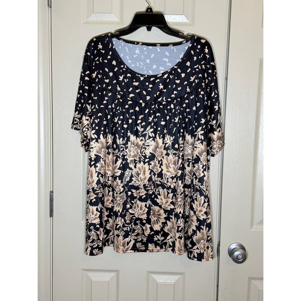 Unbranded Floral Tunic Women 4XL Plus‎ Black Tan Short Sleeve Top NWOT